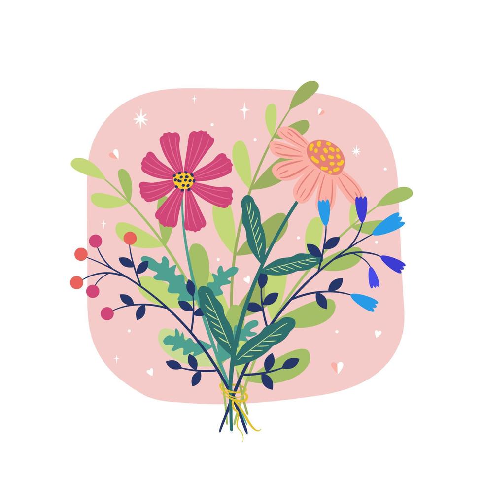 buquê floral de jardim colorido e flores silvestres. ilustração vetorial plana é adequada para cartões postais, convites de casamento, banners, cartazes, tecido e papel de embrulho. vetor