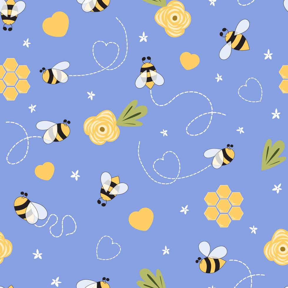 padrão sem emenda de abelha de crianças em fundo de cor violeta. Abelhas de doodle de desenho animado fofo, flores, mel, estampa adorável de corações. veja o papel de parede do projeto têxtil do bebê ornamento natural mão desenhada ilustração da abelha. vetor