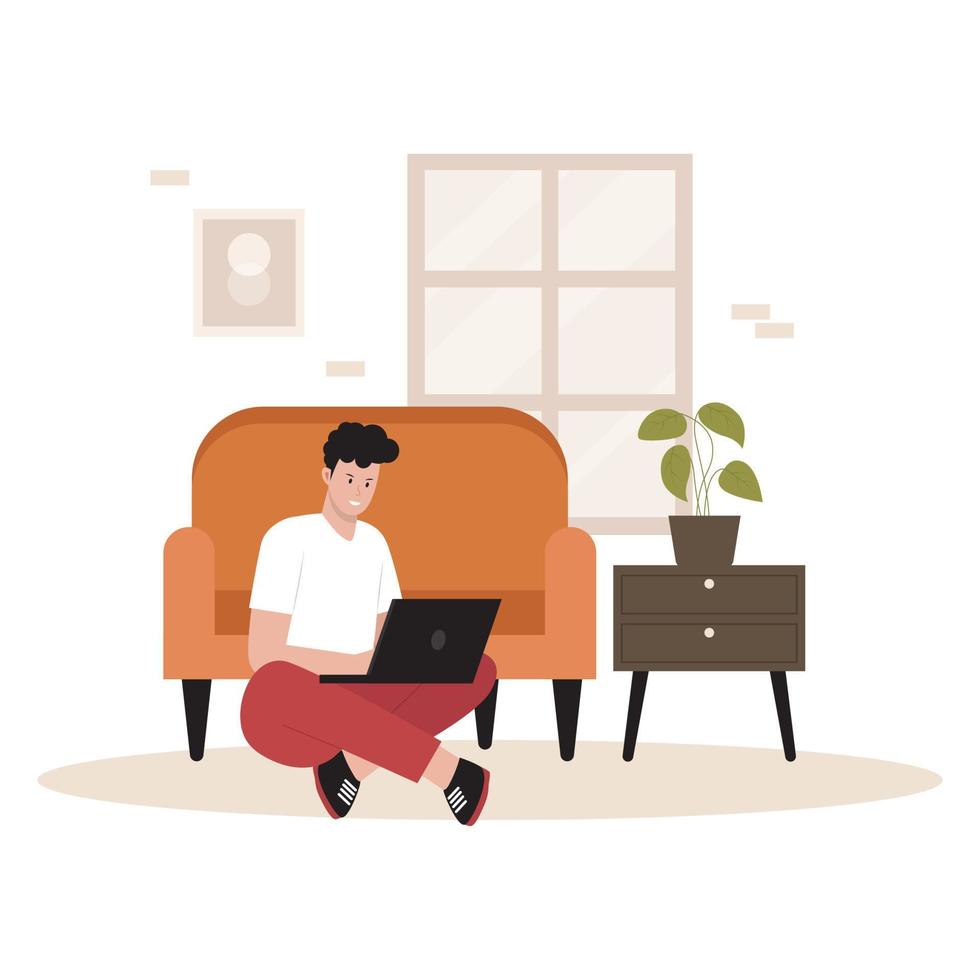 design plano de homem freelancer trabalhando em casa. ilustração para site, página de destino, aplicativo móvel, pôster e banner. ilustração vetorial plana na moda vetor