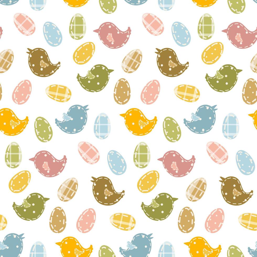 um padrão de ovos de páscoa com uma textura de diferentes tipos de tecido e cores. os contornos dos ovos e pássaros são feitos de tecido ervilha, xadrez e liso. fundo de páscoa. embalagem de férias vetor