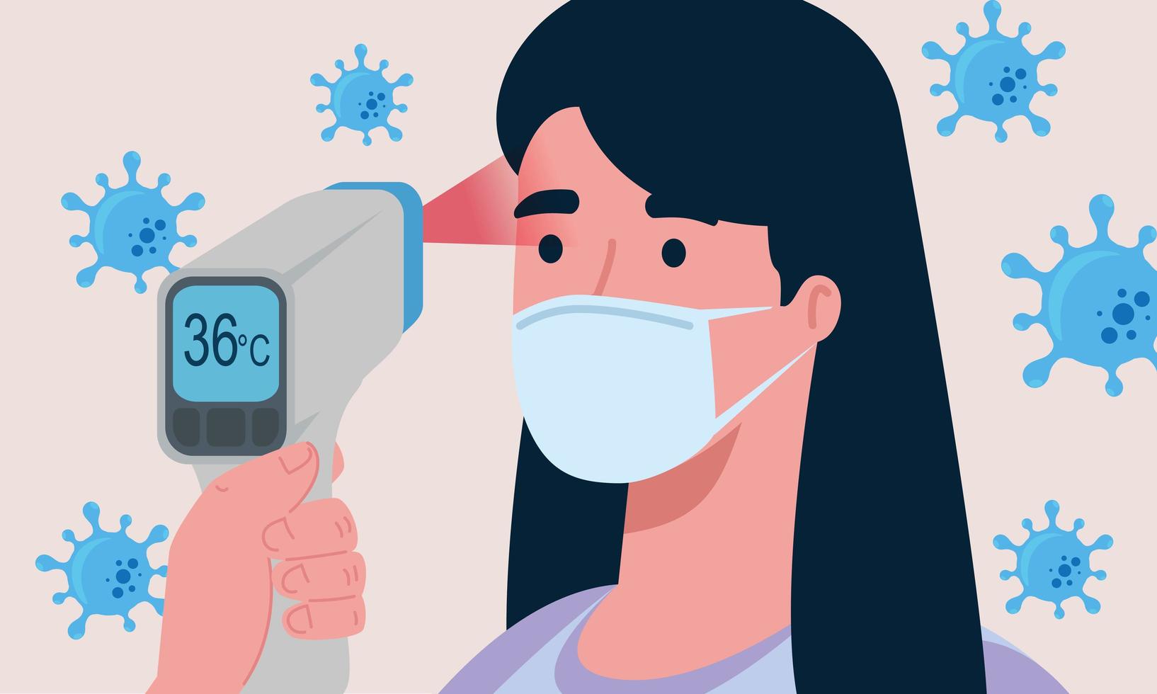 covid 19 coronavirus, mão segurando termômetro infravermelho para medir a temperatura corporal, mulher verificar a temperatura vetor