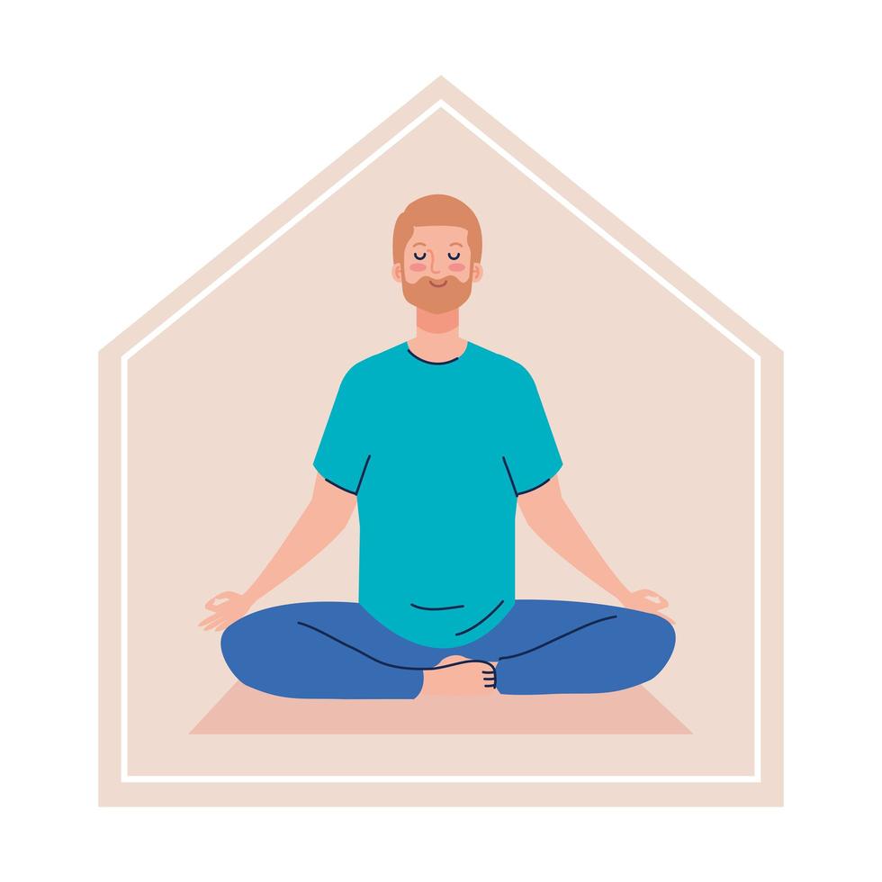 ficar em casa, homem meditando, conceito de ioga, meditação, relaxamento, estilo de vida saudável vetor