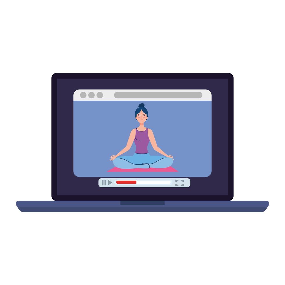 online, conceito de ioga, mulher pratica ioga e meditação, assistindo a uma transmissão em um laptop vetor