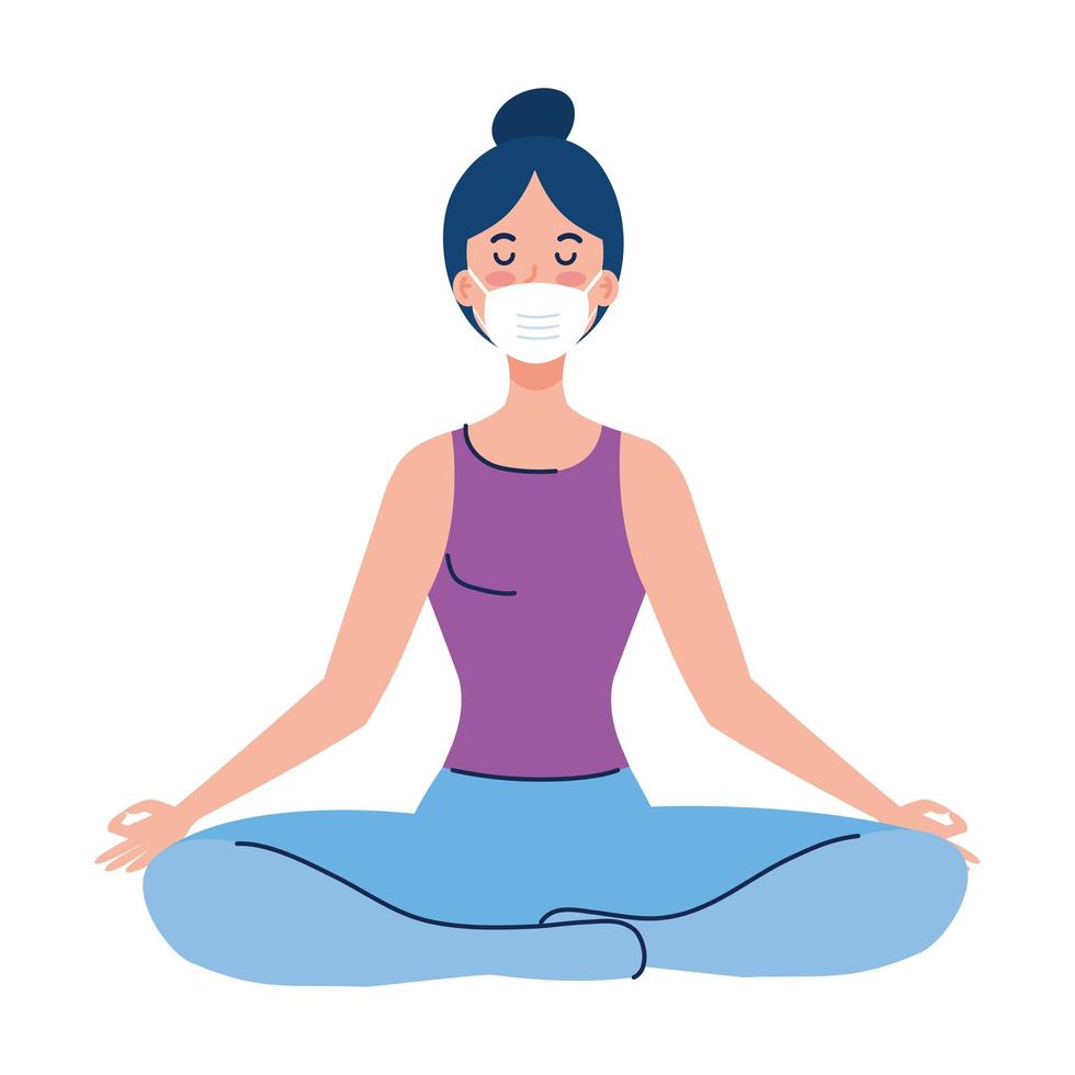 mulher meditando usando máscara médica contra covid 19, conceito de ioga, meditação, relaxamento, estilo de vida saudável vetor