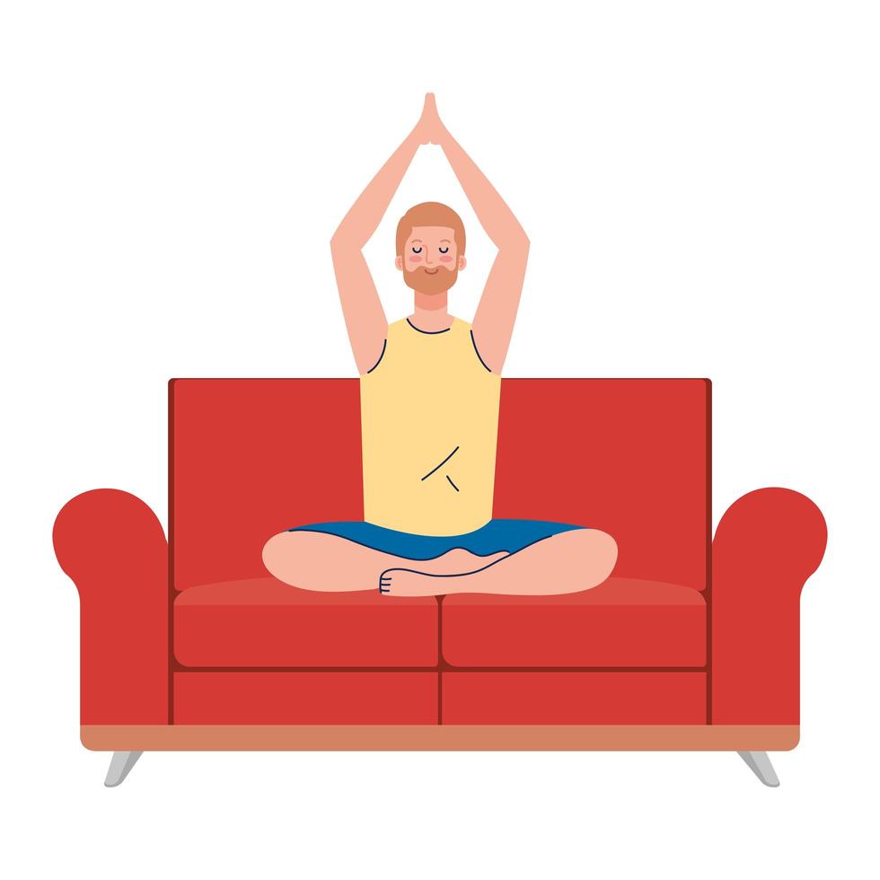 homem meditando sentado no sofá, conceito de ioga, meditação, relaxamento, estilo de vida saudável vetor