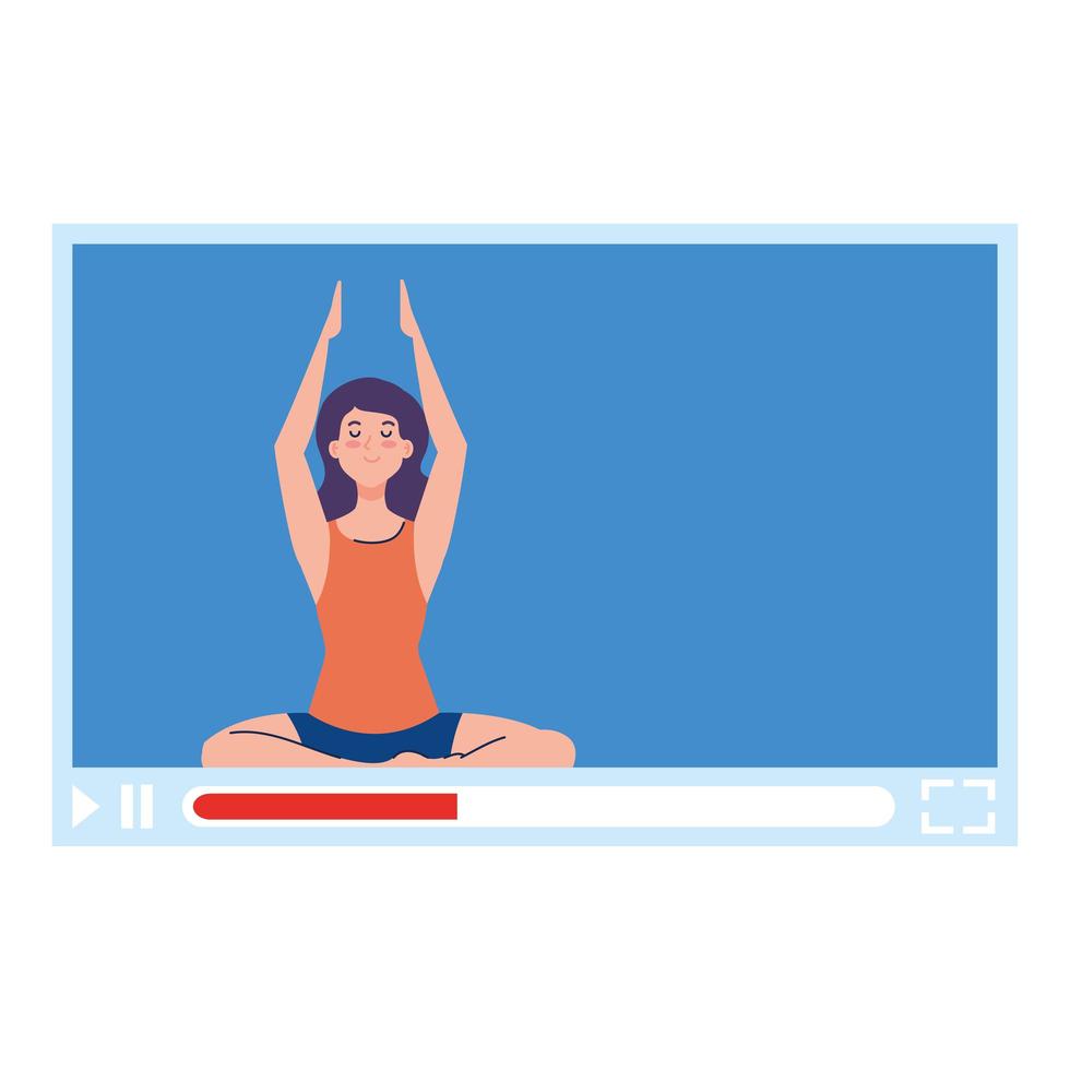 online, conceito de ioga, mulher pratica ioga e meditação, assistindo a uma transmissão em uma página da web vetor