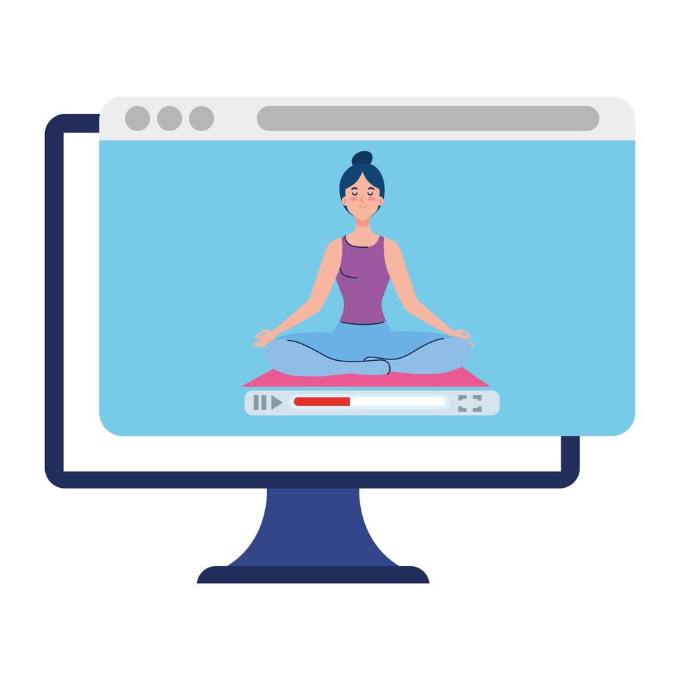 online, conceito de ioga, mulher pratica ioga e meditação, assistindo a uma transmissão em um computador vetor