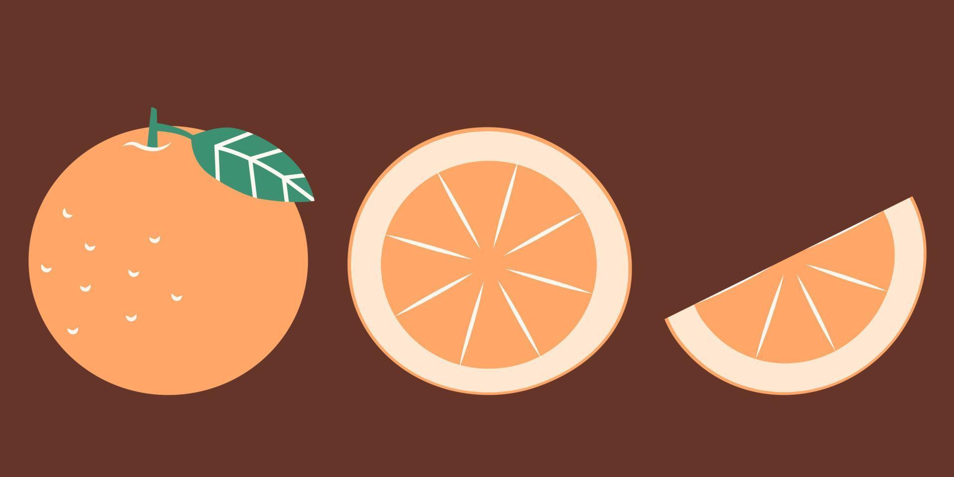 laranja inteira e cortada. frutas cítricas em estilo simples. vetor