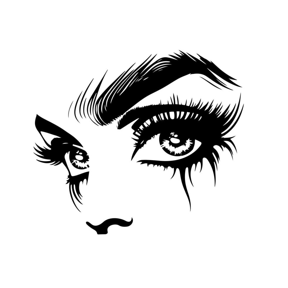 olhos femininos bonitos e expressivos com cílios longos, maquiagem escura e sobrancelhas grossas da moda. ilustração em vetor monocromático.