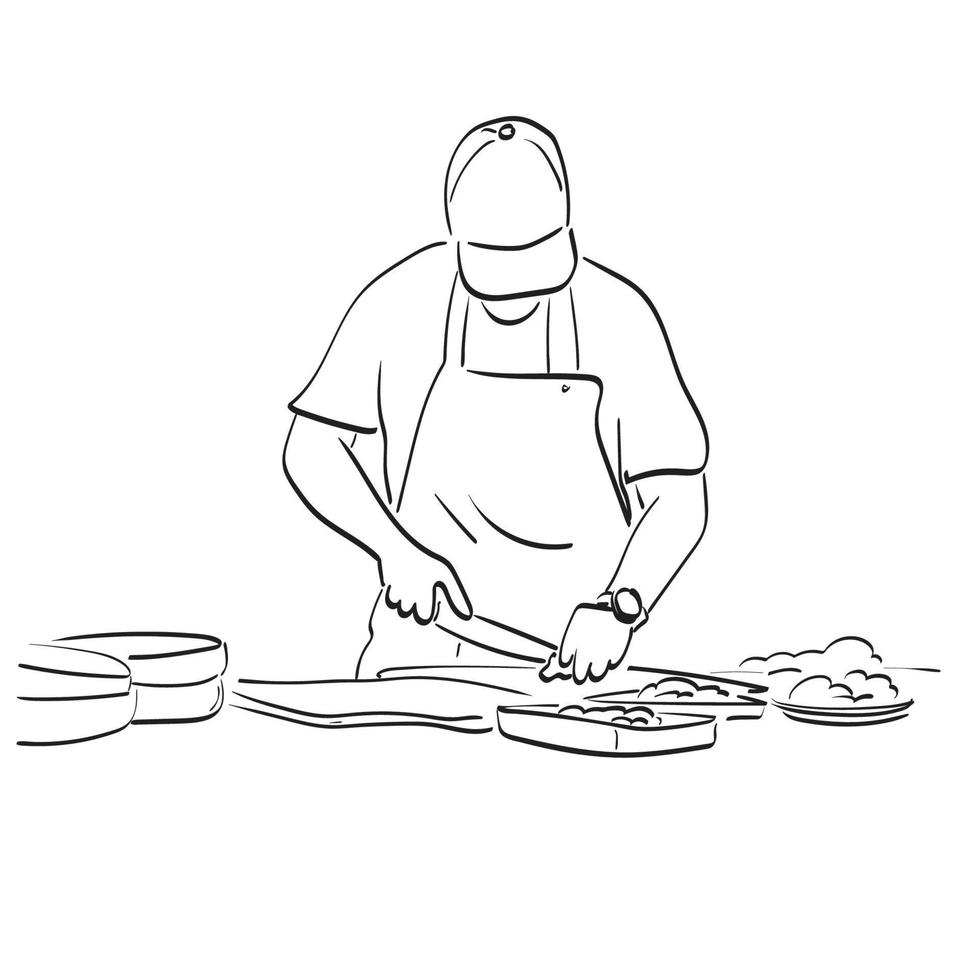 metade do comprimento do chef masculino fazendo ilustração vetorial de comida desenhada à mão isolada na arte de linha de fundo branco. vetor