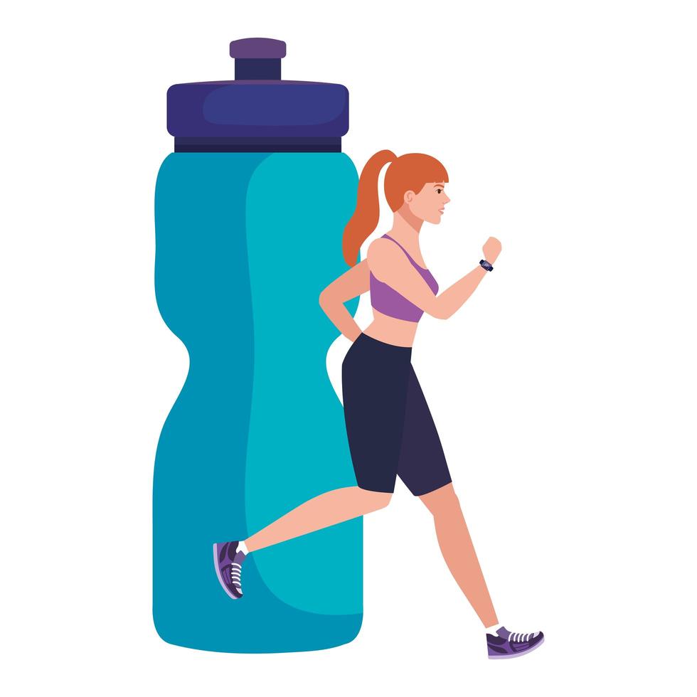 mulher correndo com fundo de garrafa de bebida plástica, atleta feminina com garrafa de hidratação vetor