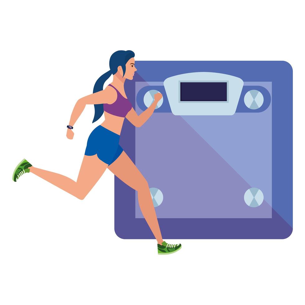 mulher correndo com fundo de escala de pesagem, atleta feminina com máquina de pesagem em fundo branco vetor