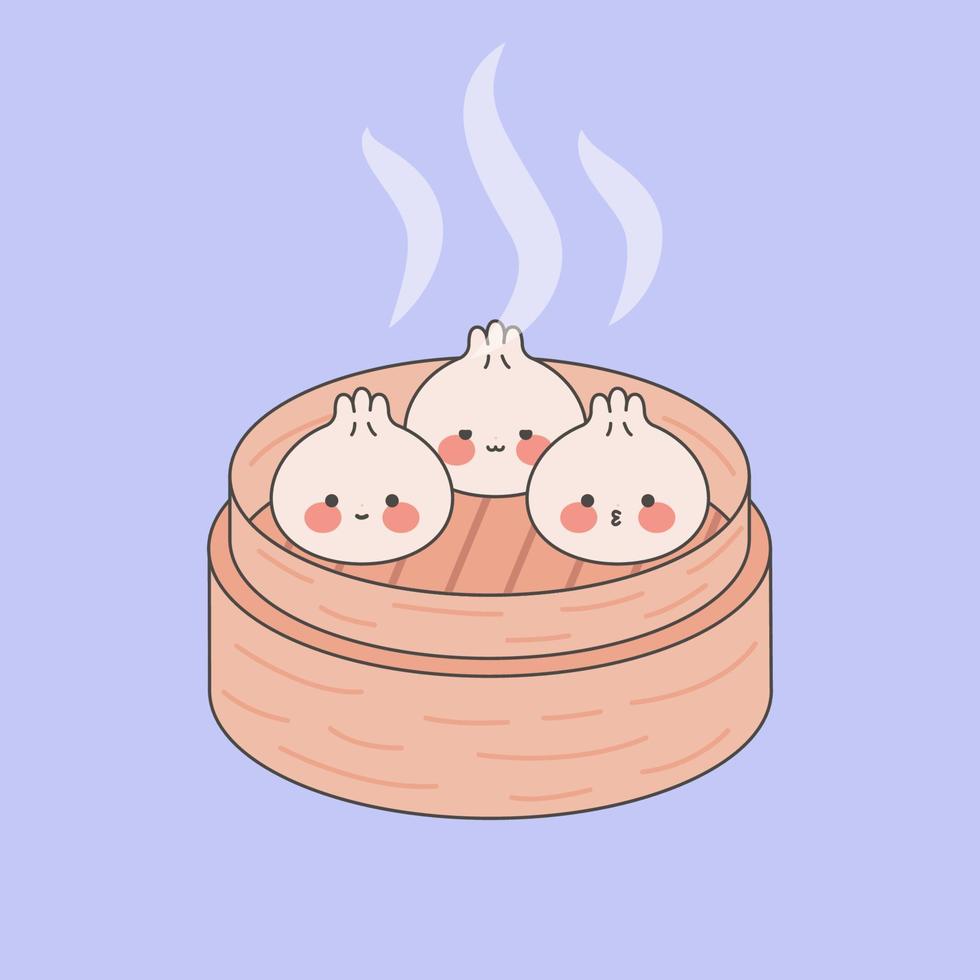 bolinhos bonitos com emoticons diferentes em uma placa de bambu. dim sum kawaii. cozinha tradicional asiática. ilustração vetorial em estilo cartoon plana. vetor