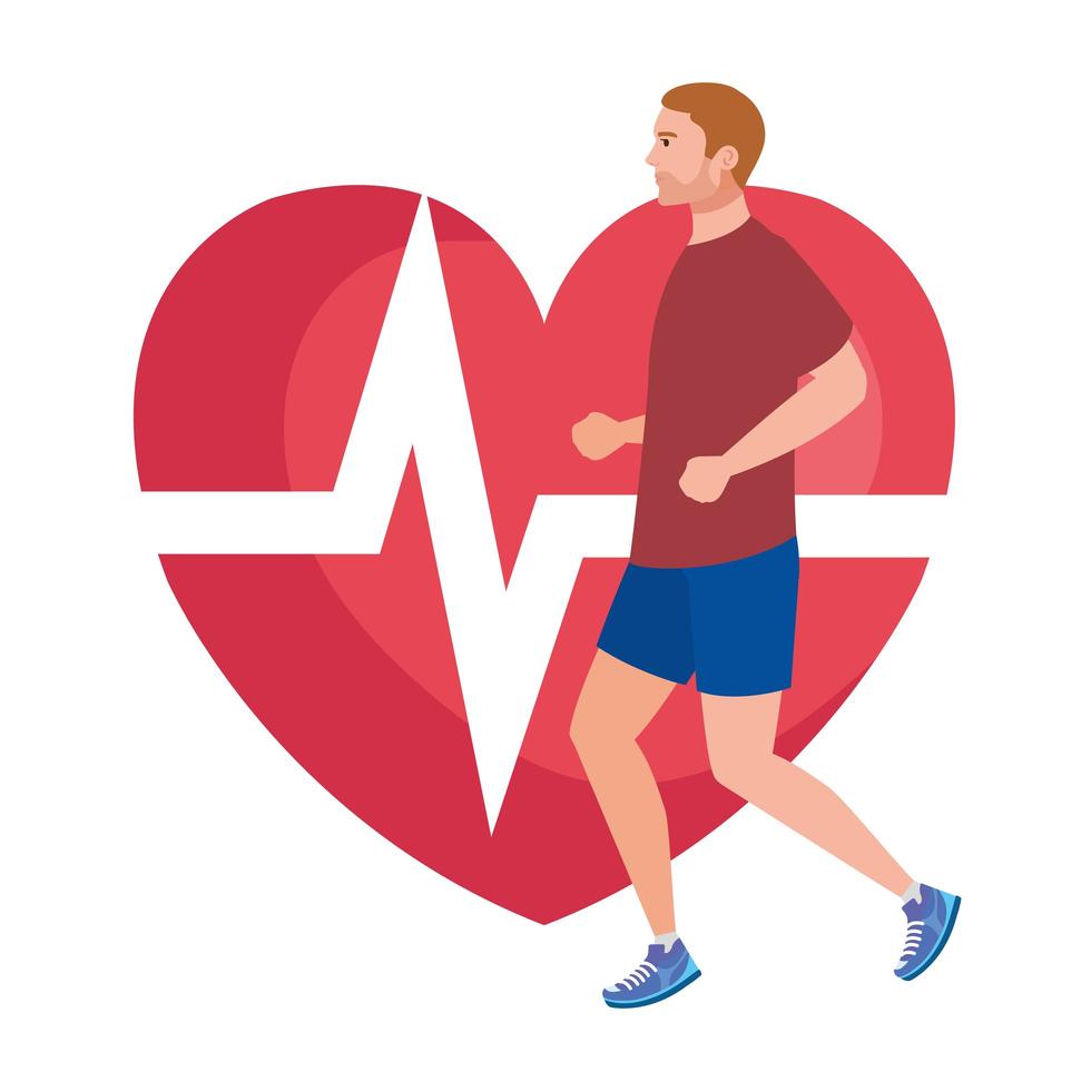 homem correndo com o pulso do coração no fundo, atleta do sexo masculino com coração de cardiologia vetor