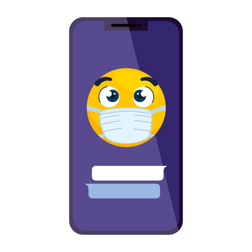 smartphone com emoji usando máscara médica em fundo branco vetor
