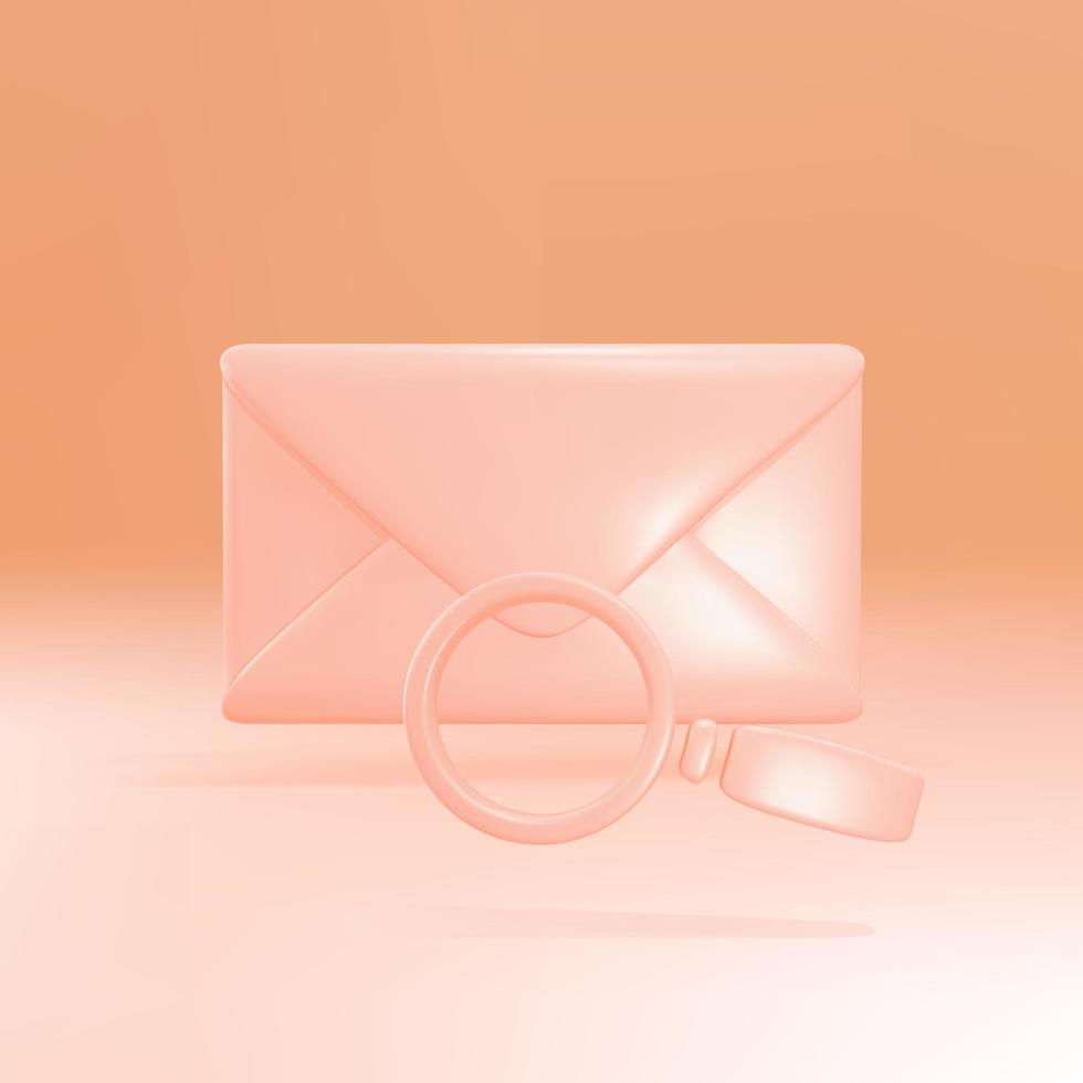 Ícone de envelope de correio 3D com lupa. Notificação de Email. ilustração vetorial. vetor