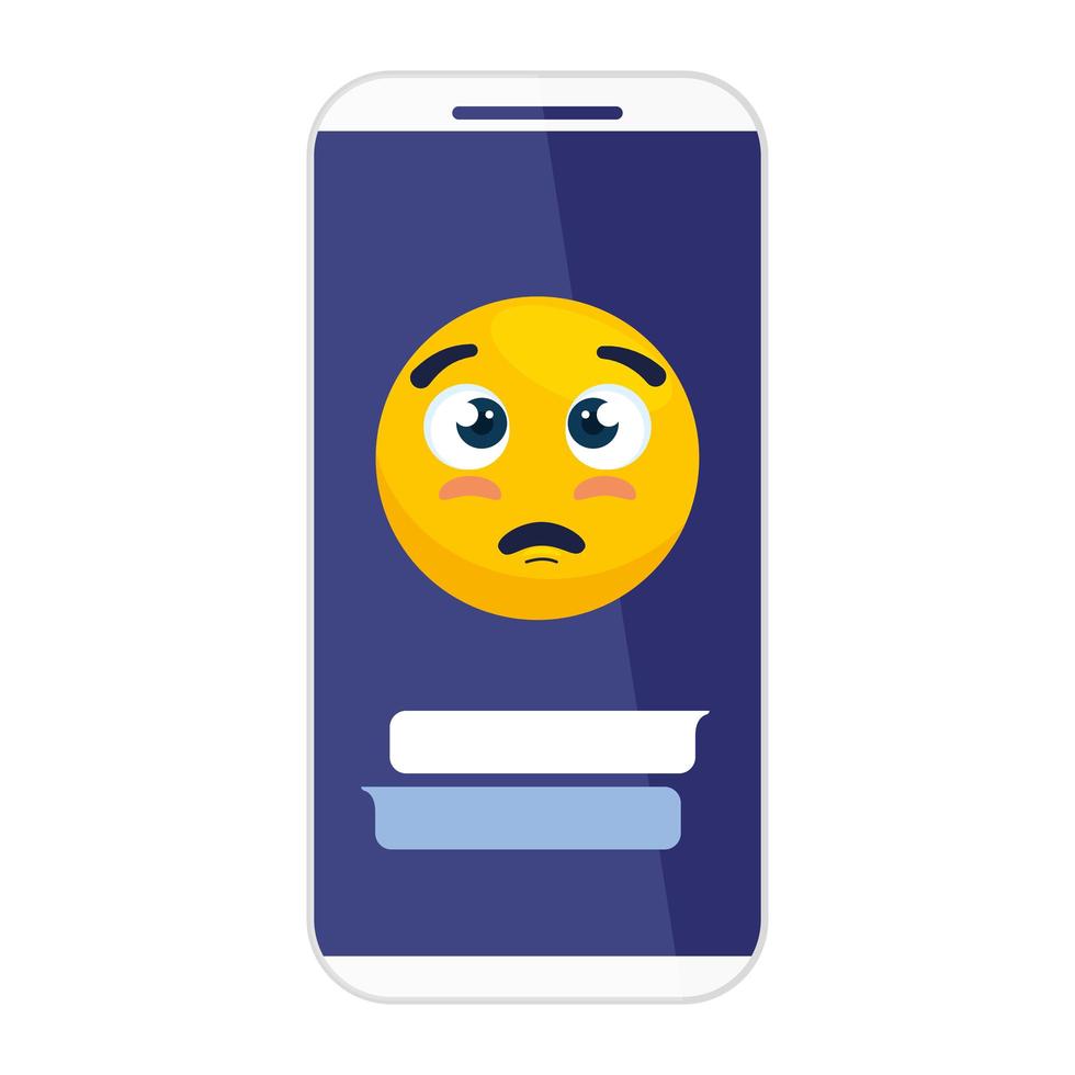 smartphone e emoji com olhos abertos e rosto por favor, rosto amarelo com rosto por favor no smartphone vetor