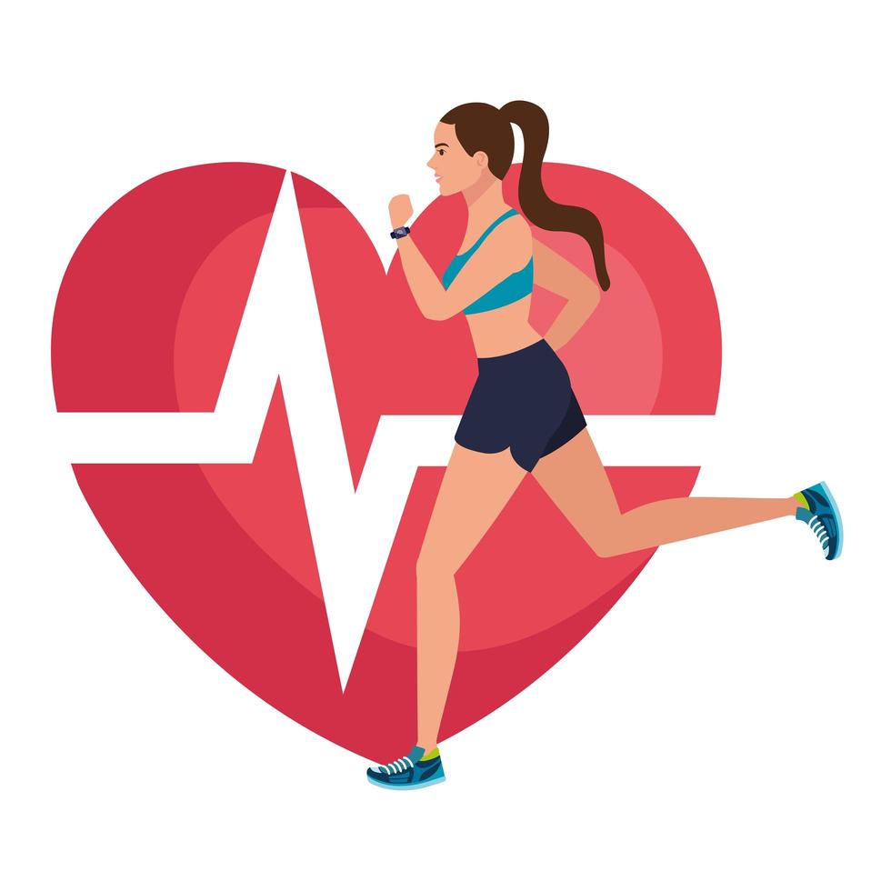 mulher correndo com o pulso do coração no fundo, atleta feminina com coração de cardiologia vetor