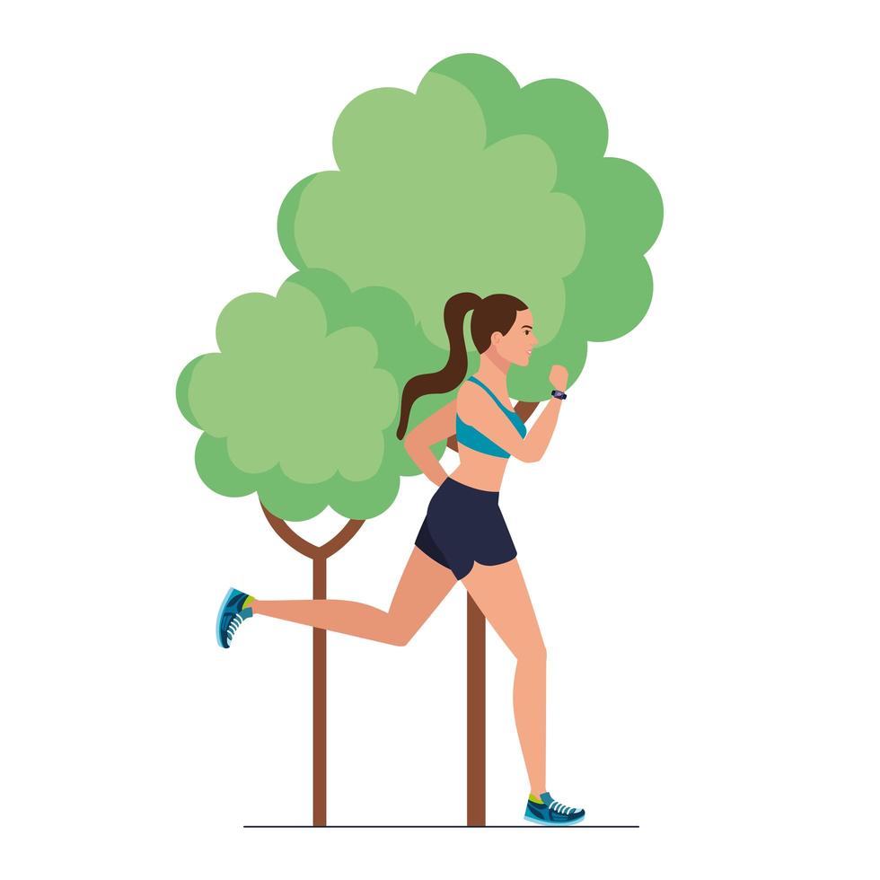 mulher correndo na natureza, mulher em roupas esportivas correndo com uma planta de árvore no fundo branco vetor