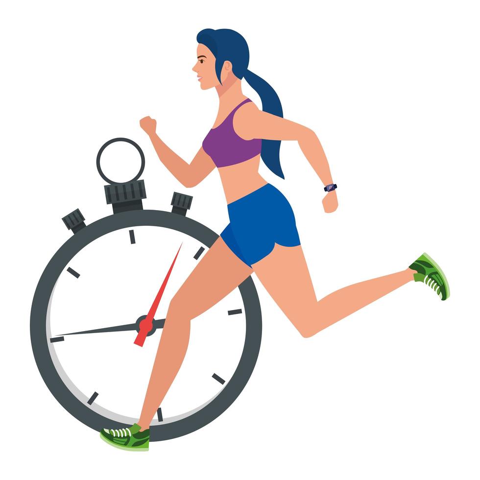 mulher correndo com cronômetro, atleta feminina com cronômetro no fundo branco vetor