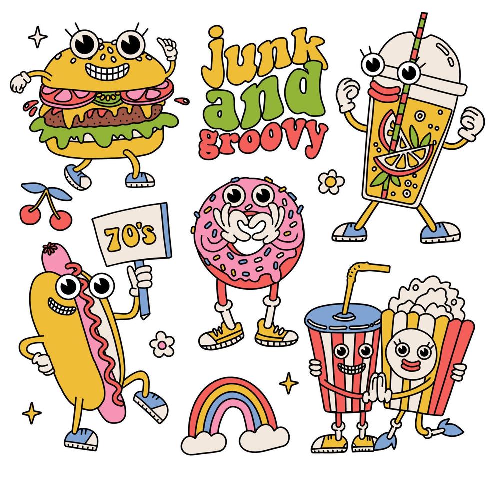 personagens de fast-food e take-away de desenhos animados retrô coloridos com cachorro-quente, rosquinha, hambúrguer, pipoca, refrigerante, mascotes descolados de limonada. ilustração vetorial plana de contorno desenhada à mão dos anos 70 e 80 isolada em branco vetor