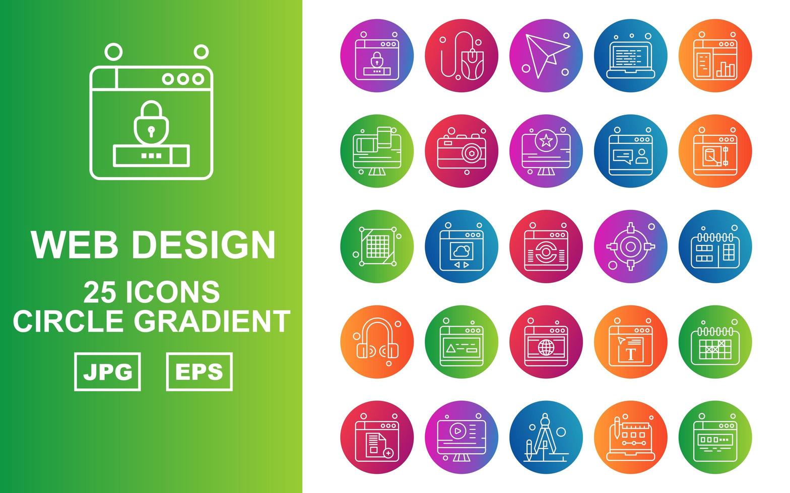 Pacote de ícones de gradiente de círculo com 25 web design e desenvolvimento premium vetor