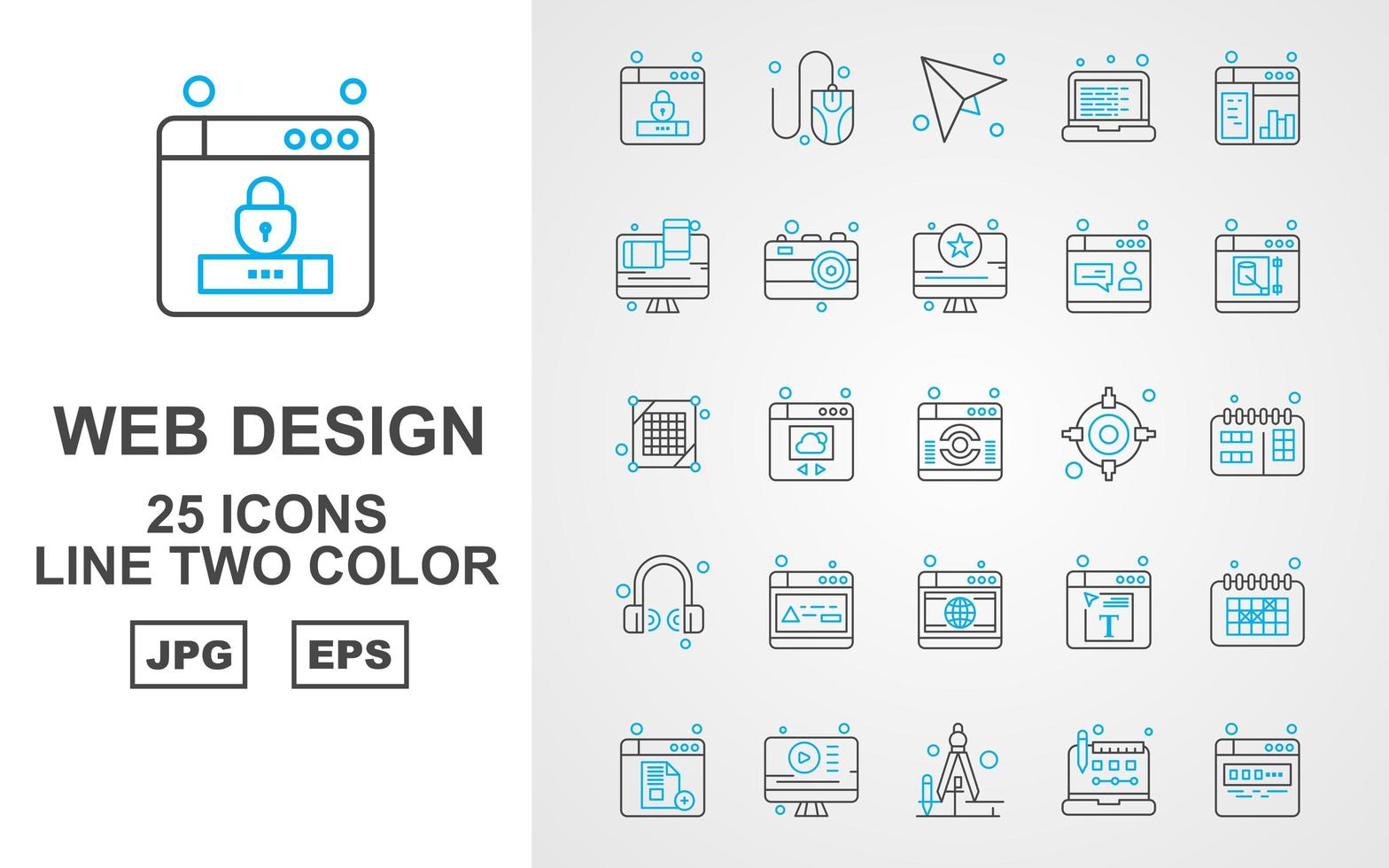 Pacote de ícones de duas cores com 25 linhas de web design e desenvolvimento premium vetor