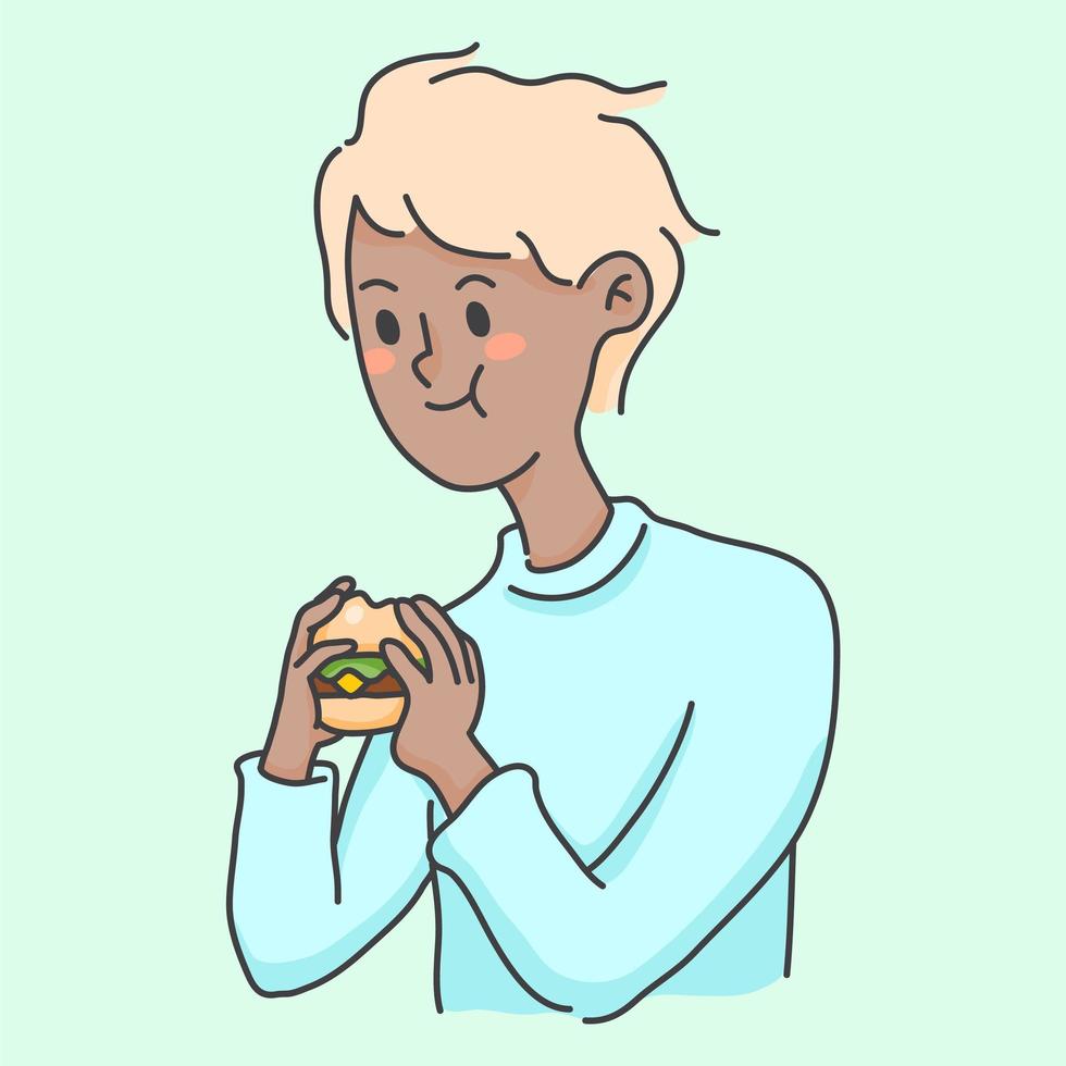 menino comendo hambúrguer junkfood ilustração de pessoas fofas vetor