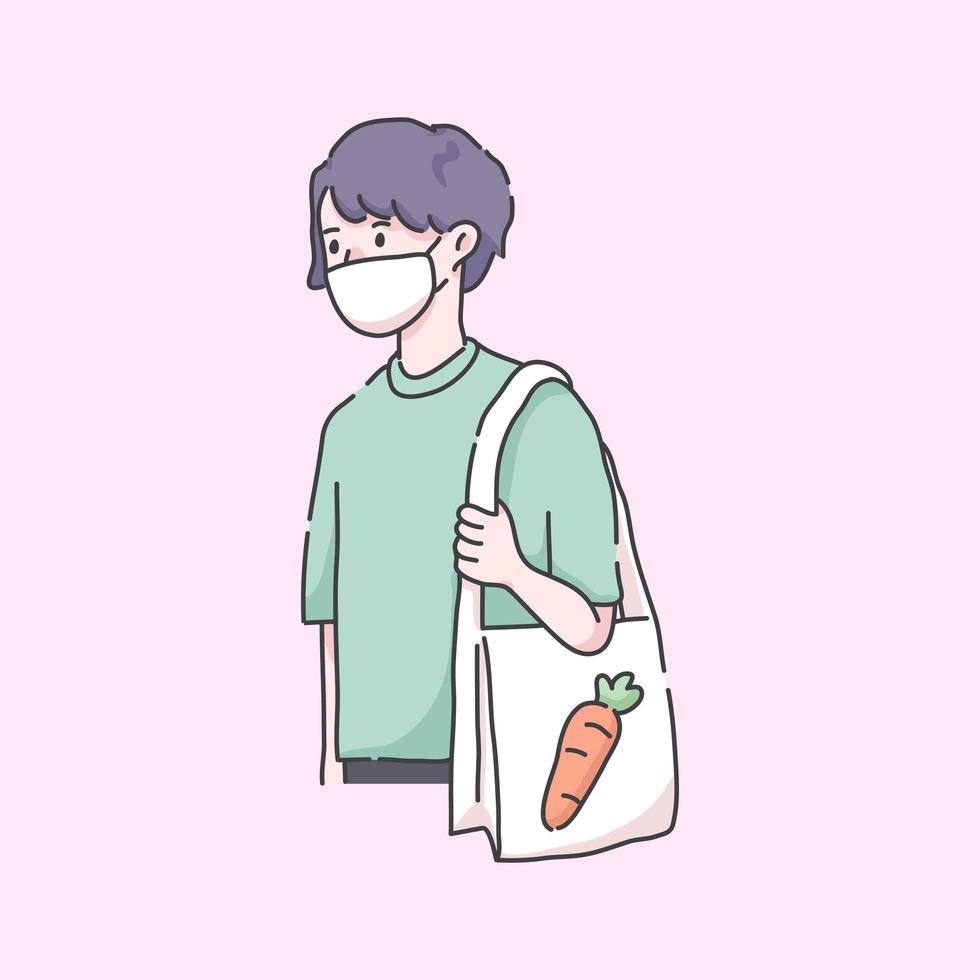 homem indo ao supermercado usando máscara de ilustração de vírus vetor