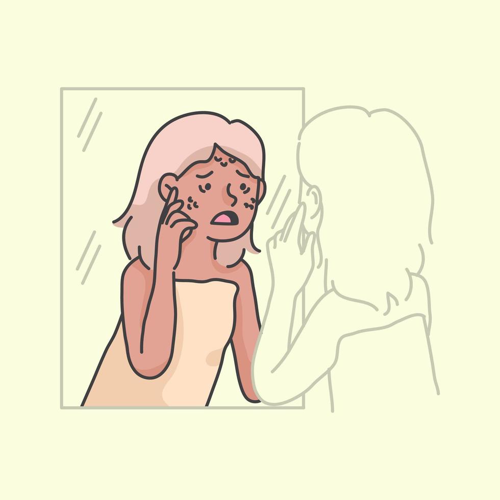 ilustração de mulher com espinhas e baixa auto-estima vetor