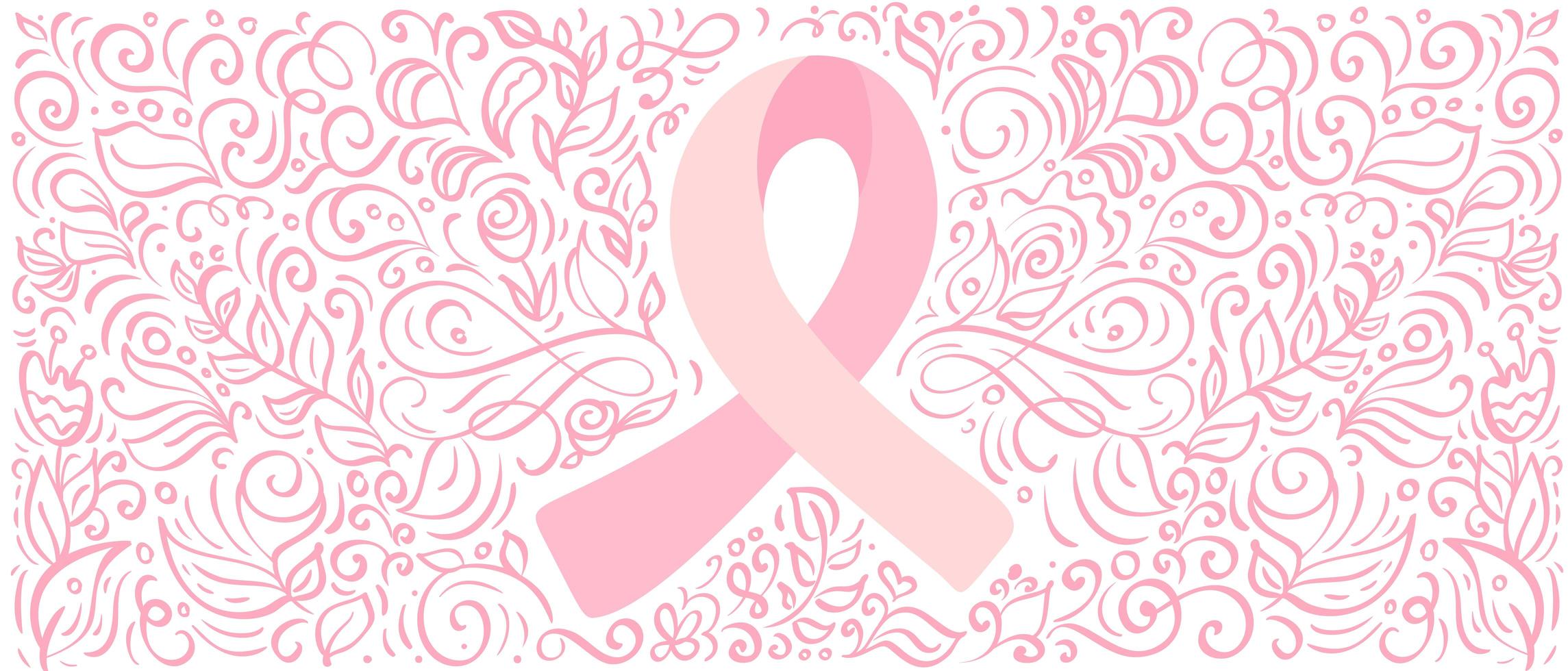 fita de banner estilizada de vetor rosa de mama canser para outubro é o mês de conscientização do câncer. ilustração de caligrafia em fundo rosa florido