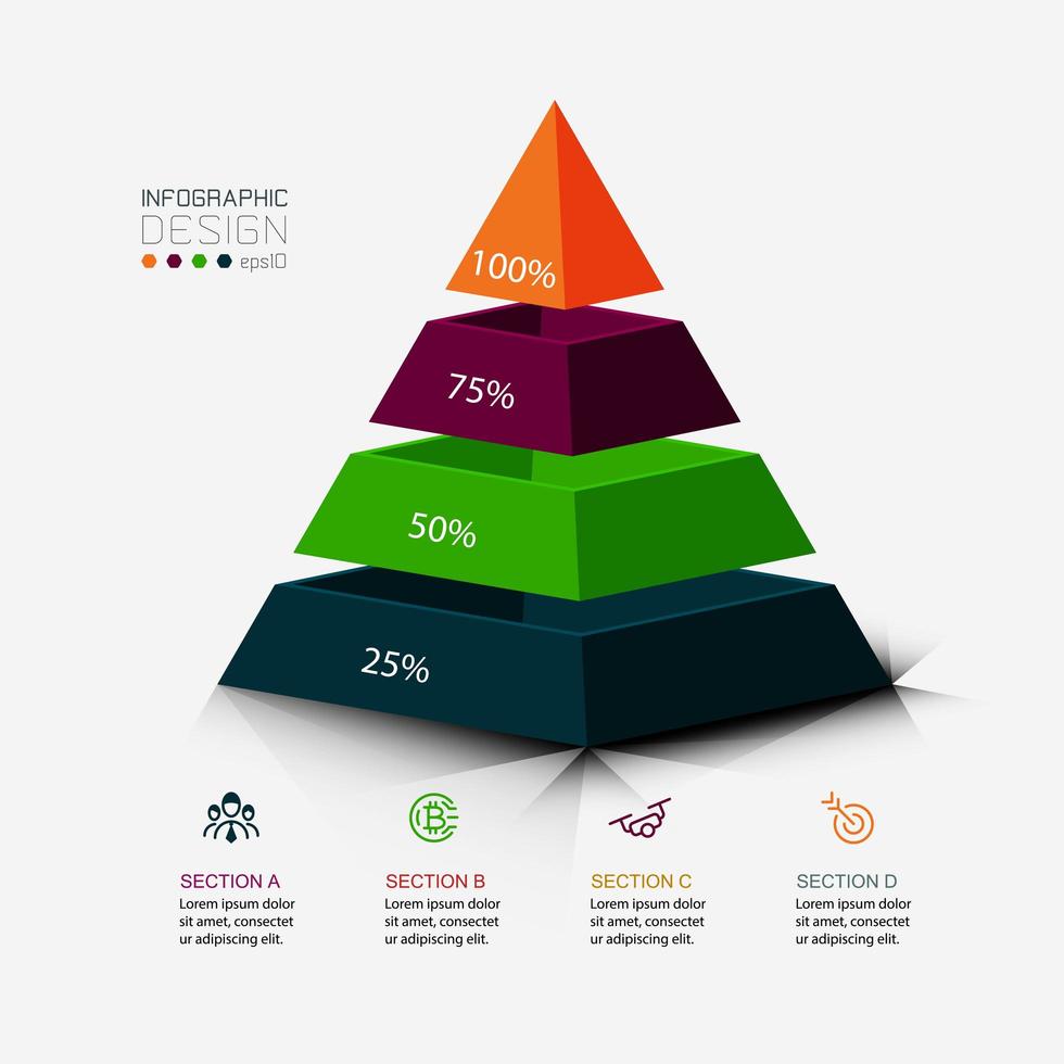 o desenho da pirâmide é usado para apresentar seu trabalho e exibi-lo como uma porcentagem. infográfico de vetor. vetor