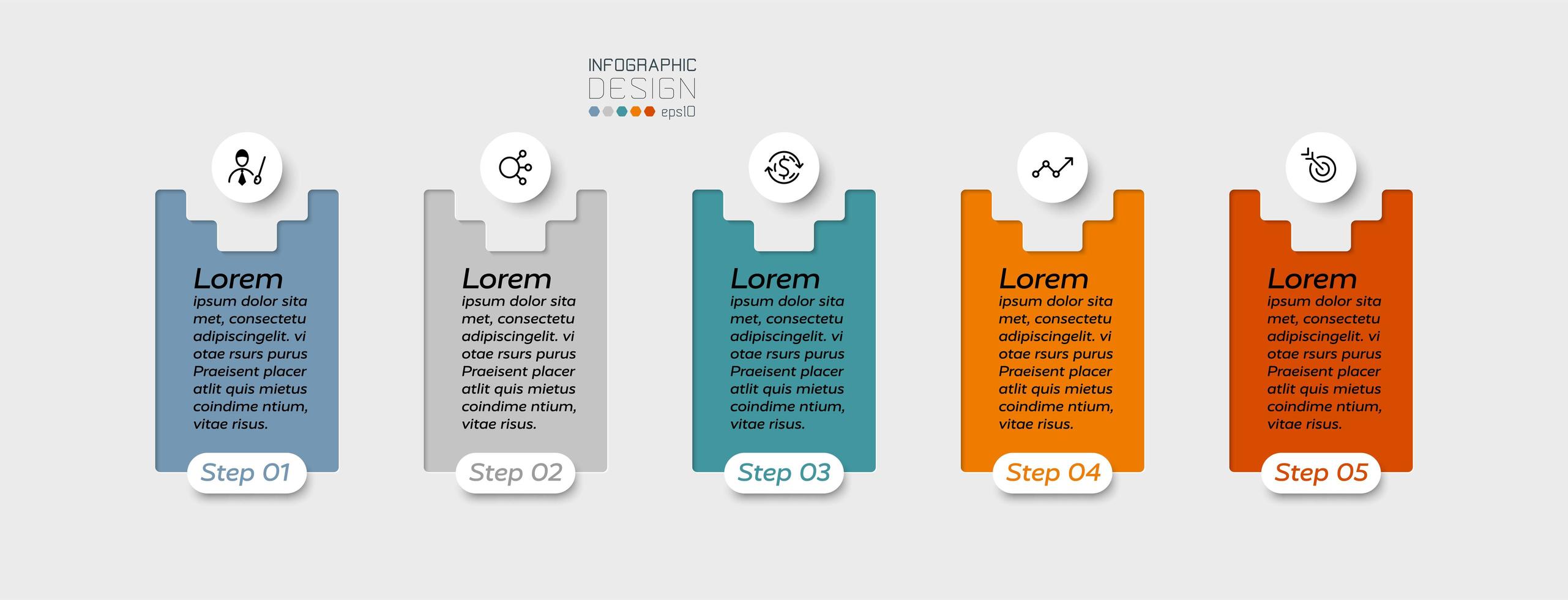 design de medalhão de 5 etapas em formato quadrado usado para exibir os resultados do trabalho e explicar o processo de planejamento. infográfico. vetor