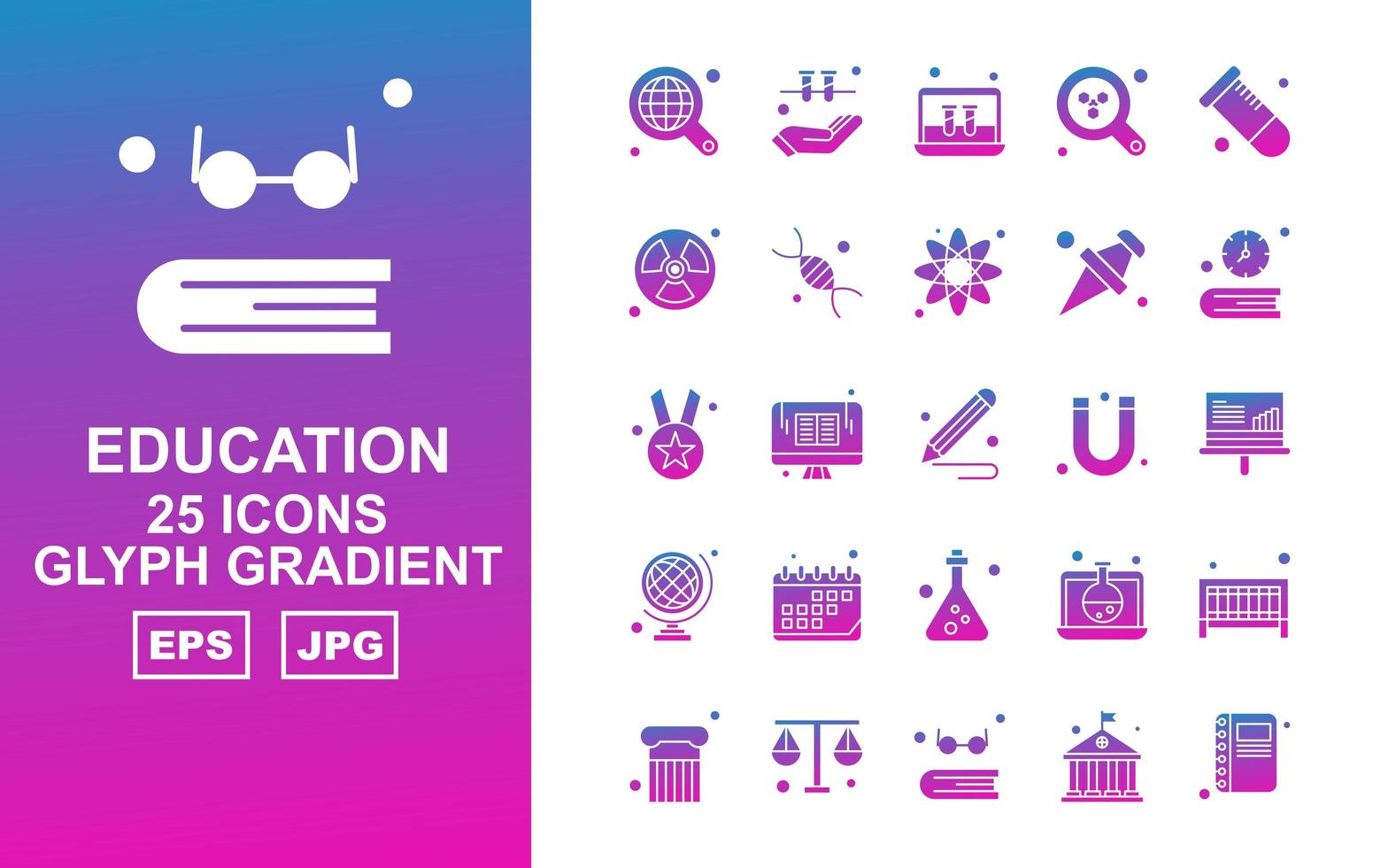 Pacote de 25 ícones de gradiente de glifo educacional premium vetor