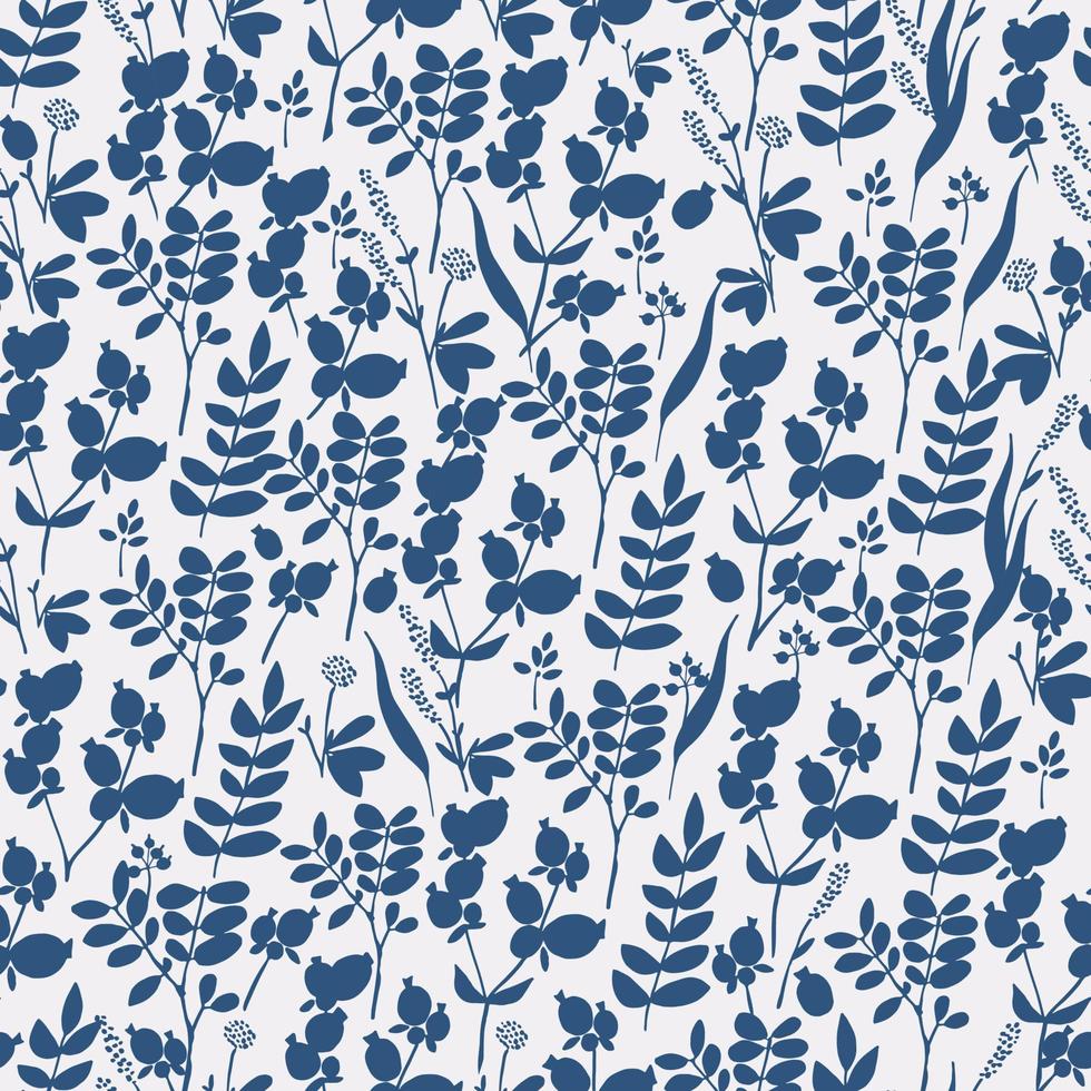 padrão floral azul e branco com especiarias, plantas e flores do prado vetor