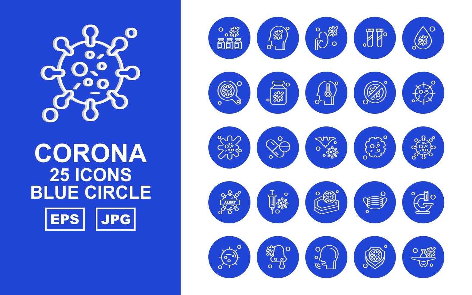 Pacote de ícones de círculo azul com 25 vírus corona premium vetor