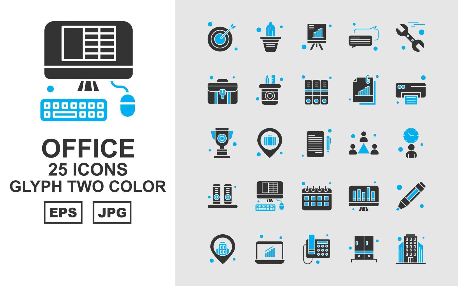 Pacote de ícones de duas cores com 25 glifos premium para escritório ii vetor