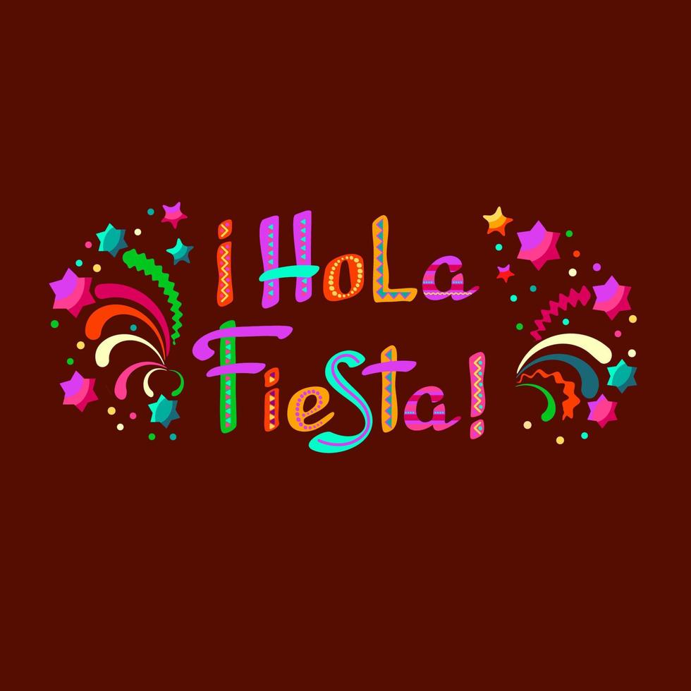 hola fiesta, logotipo decorado, letras de desenho animado e símbolos. ilustração vetorial. vetor