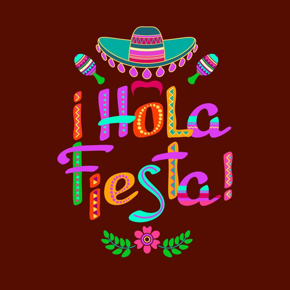 hola fiesta, logotipo decorado, letras de desenho animado e símbolos. ilustração vetorial. vetor