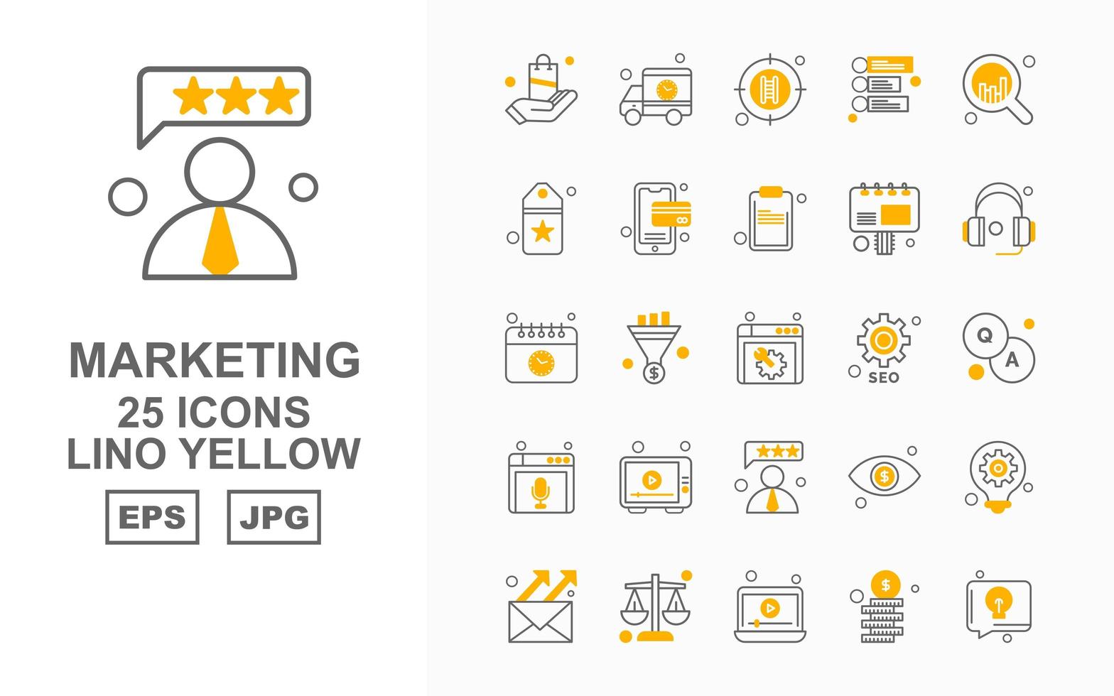 Pacote de ícones de 25 lino amarelo de marketing premium vetor