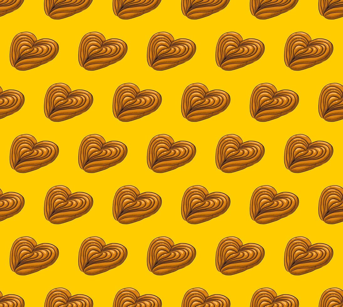 fundo vector sem costura amarelo com pães deliciosos na forma de um coração