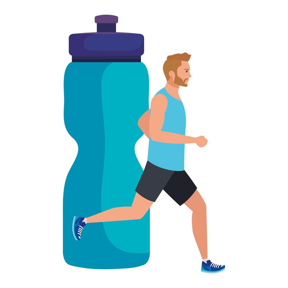 homem correndo com fundo de garrafa de bebida plástica, atleta masculino com garrafa de hidratação vetor
