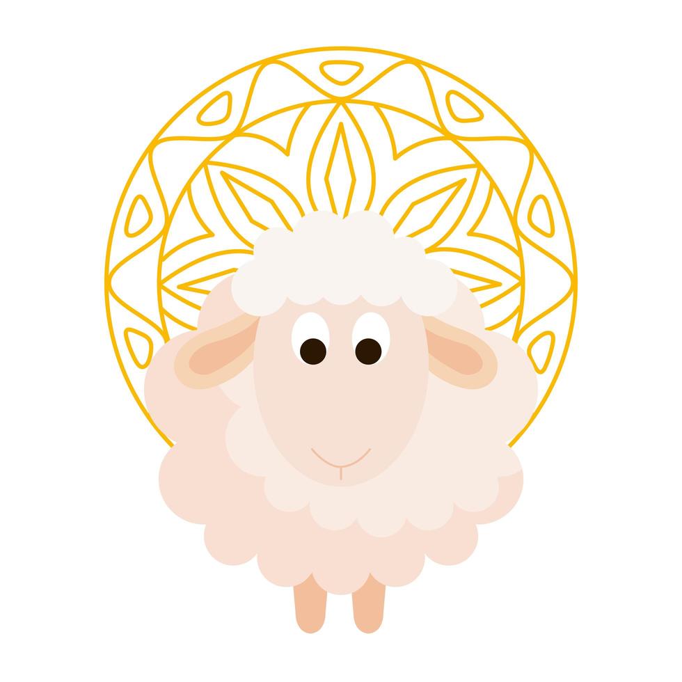 ornamento elegante, mandala redonda dourada com animal ovelha vetor