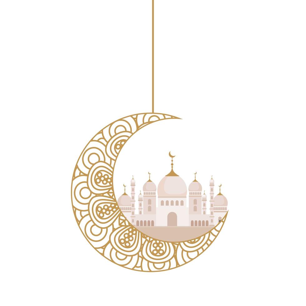 Ornamento de celebração eid em fundo branco, lua com mesquita pendurada vetor