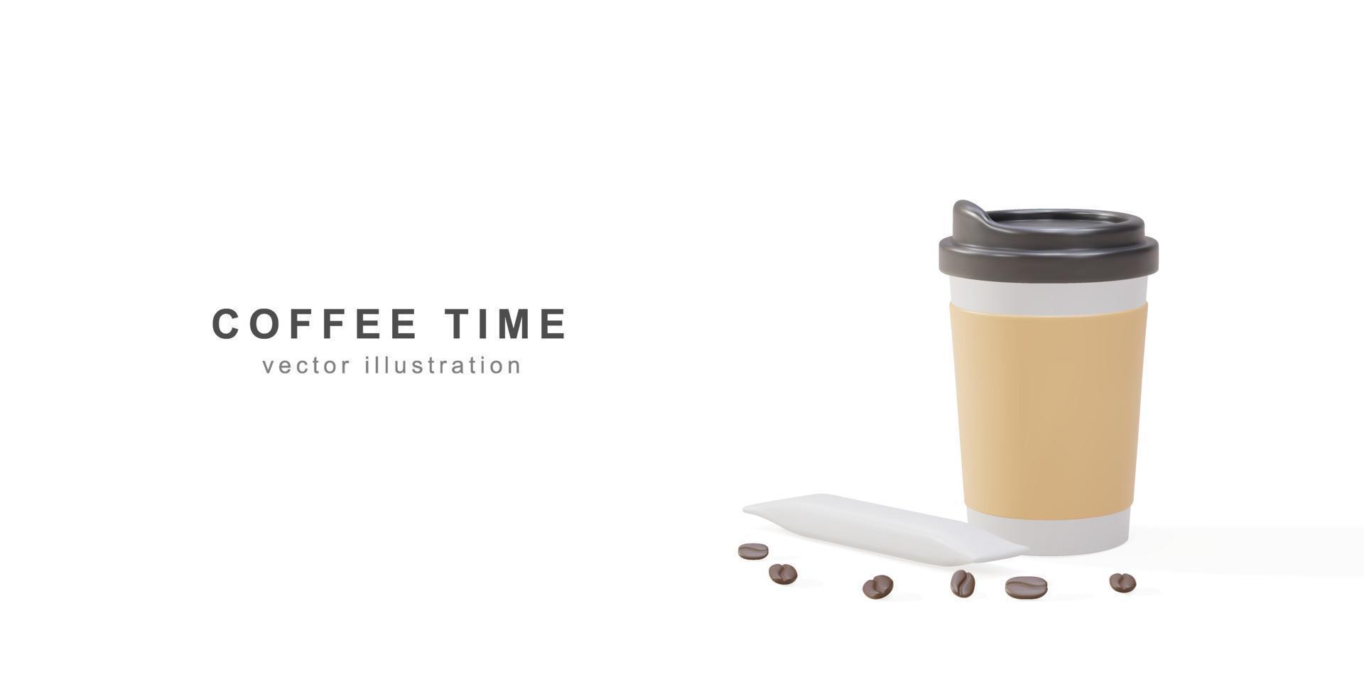 Banner 3D com xícara de café de papel realista, bastão de açúcar e grãos de café em um fundo branco. ilustração vetorial. vetor