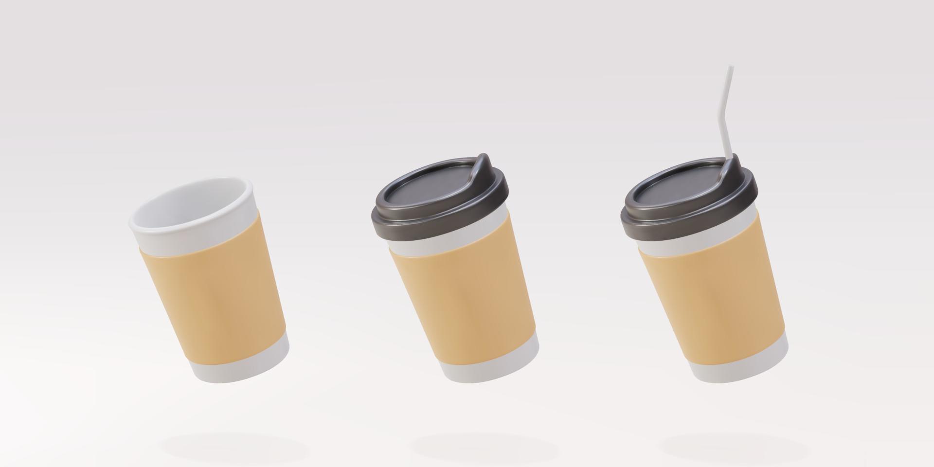 Conjunto 3D de xícaras de café de papel com e sem canudo em um fundo cinza. ilustração vetorial. vetor