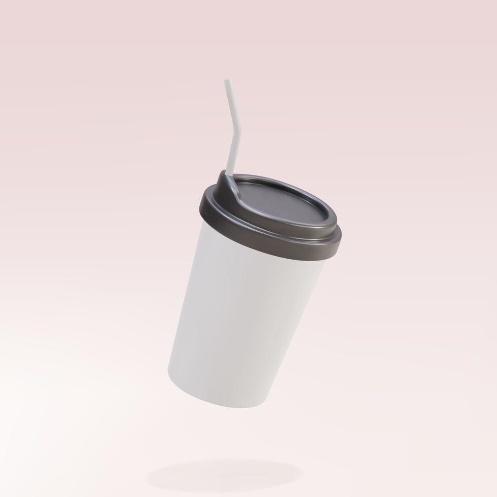 Xícara de café de papel branco 3D com um canudo em um fundo rosa. ilustração vetorial. vetor