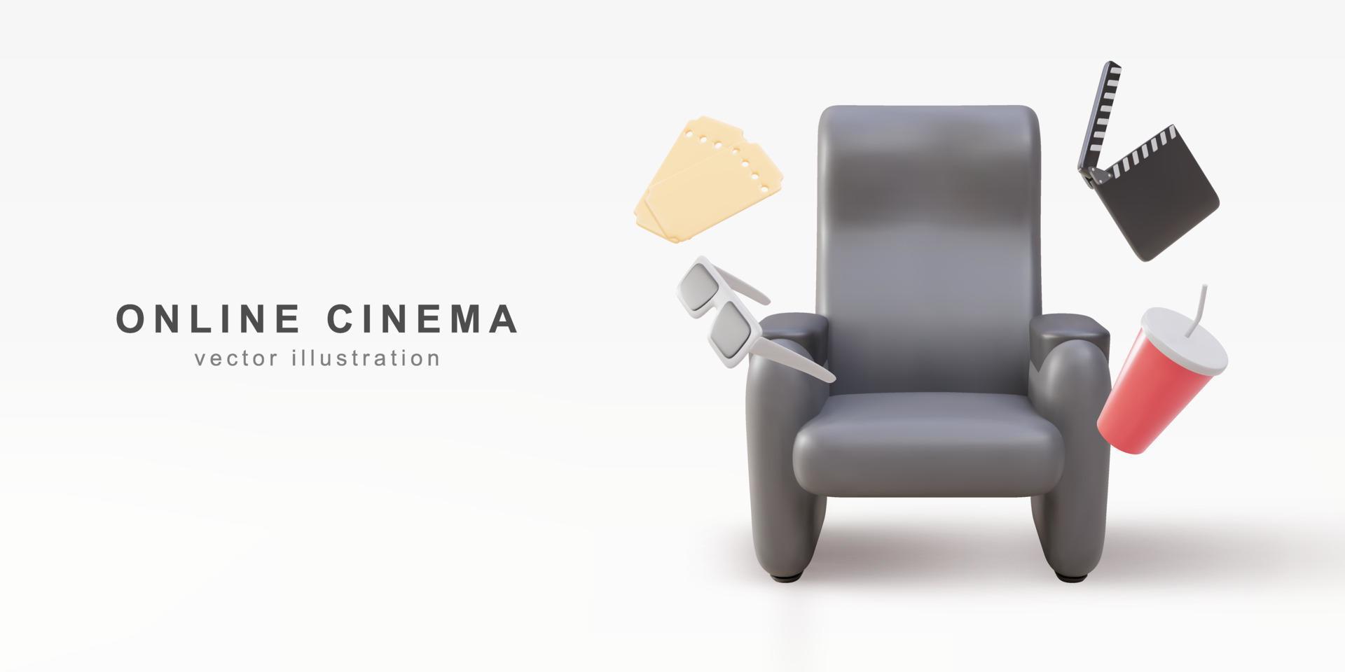 Cadeira de cinema realista 3d com cotovelos confortáveis, ingressos, bebida, copos e claquete. ilustração vetorial. vetor