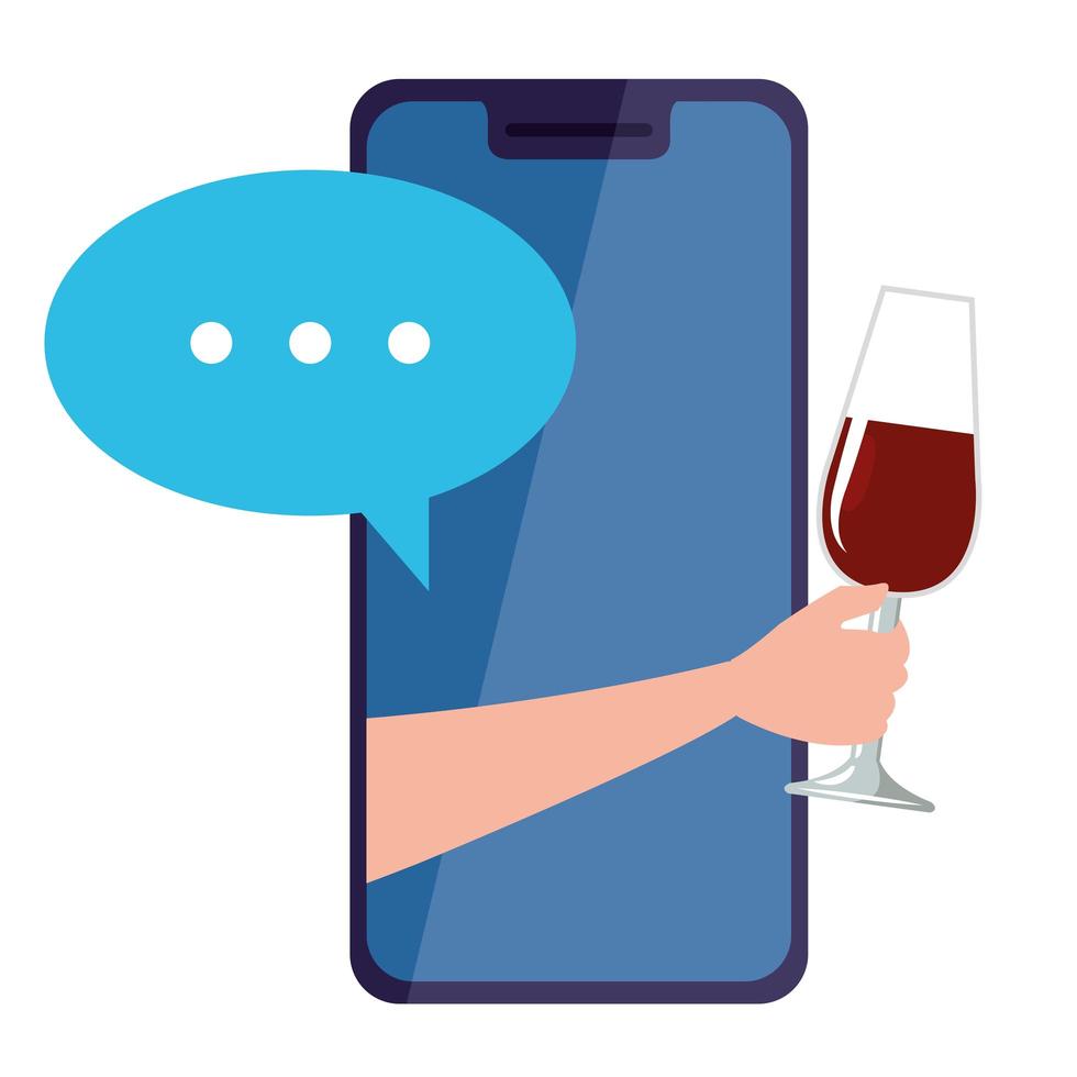 mão com copo de vinho no smartphone, conceito de festa online em fundo branco vetor
