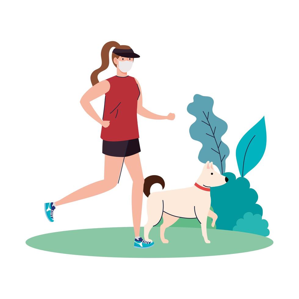 mulher com máscara e roupas esportivas correndo com desenho vetorial de cachorro vetor